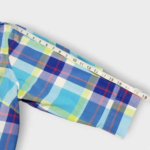 Chaps Womens 3X Blue Green Plaid No Iron Button Up Shirt 3/4 Sleeve Paisley Trim - Picture 8 of 10